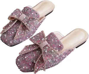 TN TANGNEST Women's Flat Mules Comfortable Rhinestone Bow Square Toe Slip on Loafers Slides Backless Mules Shoes