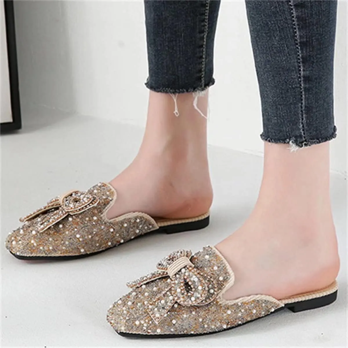 TN TANGNEST Women's Flat Mules Comfortable Rhinestone Bow Square Toe Slip on Loafers Slides Backless Mules Shoes