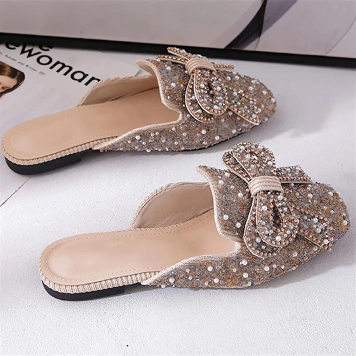TN TANGNEST Women's Flat Mules Comfortable Rhinestone Bow Square Toe Slip on Loafers Slides Backless Mules Shoes