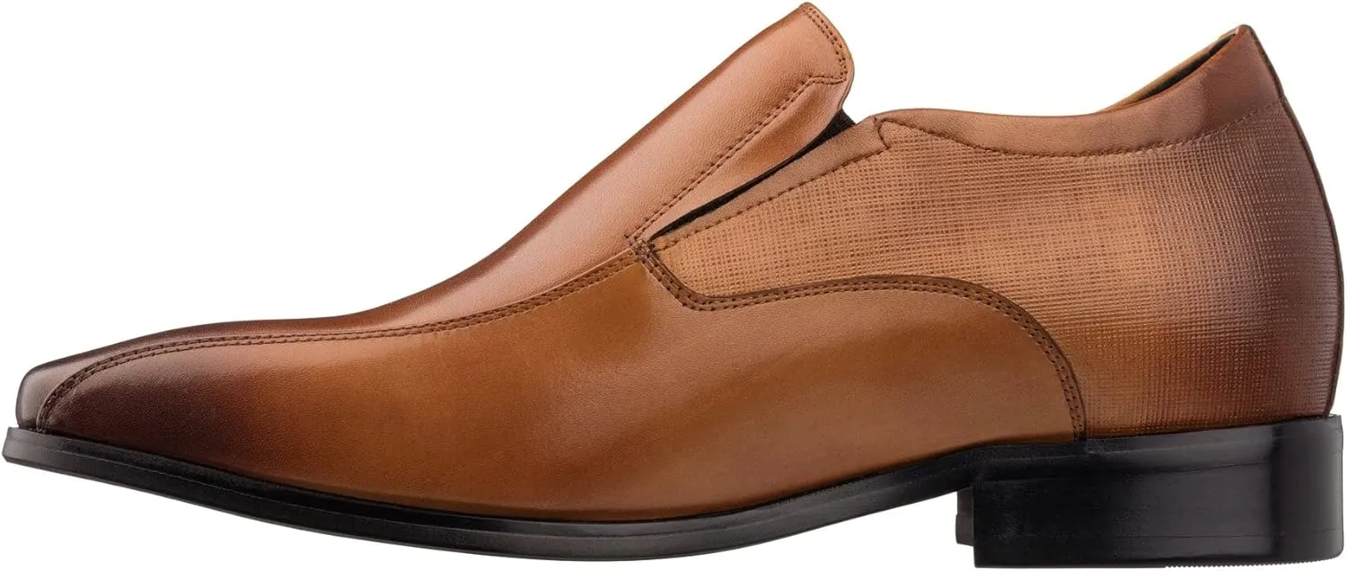 TOTO Men's Invisible Height Increasing Elevator Shoes - Brown Leather Slip-on Formal Dress Loafers- 2.2 Inches Taller - Y6362 - Size 7 D(M) US