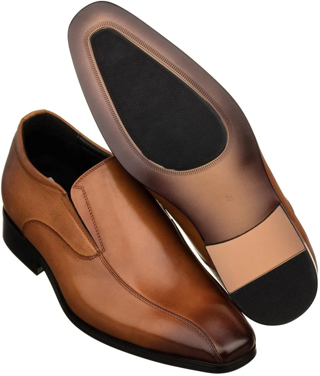 TOTO Men's Invisible Height Increasing Elevator Shoes - Brown Leather Slip-on Formal Dress Loafers- 2.2 Inches Taller - Y6362 - Size 7 D(M) US