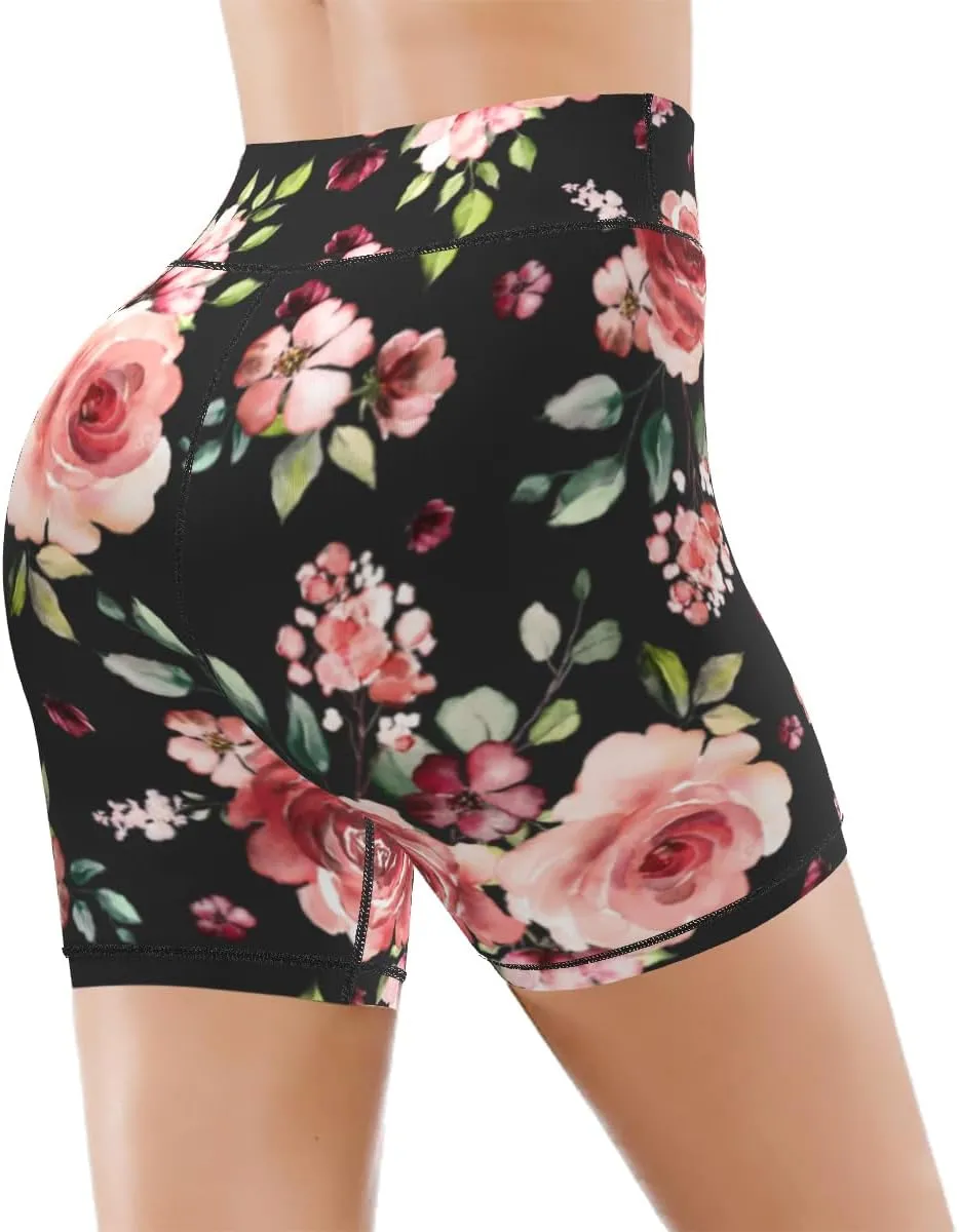 Tropical Leave Flower Butterfly Women's High Waist Yoga Shorts Biker Shorts Workout Athletic Running Hiking Gym