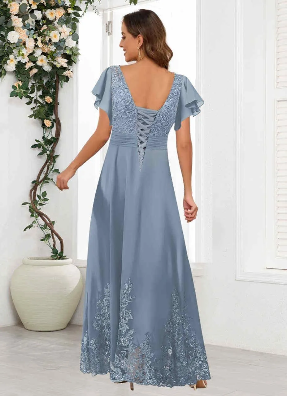 V Neck Mother of The Bride Dresses for Wedding with Sleeves Lace Long Formal Evening Gowns