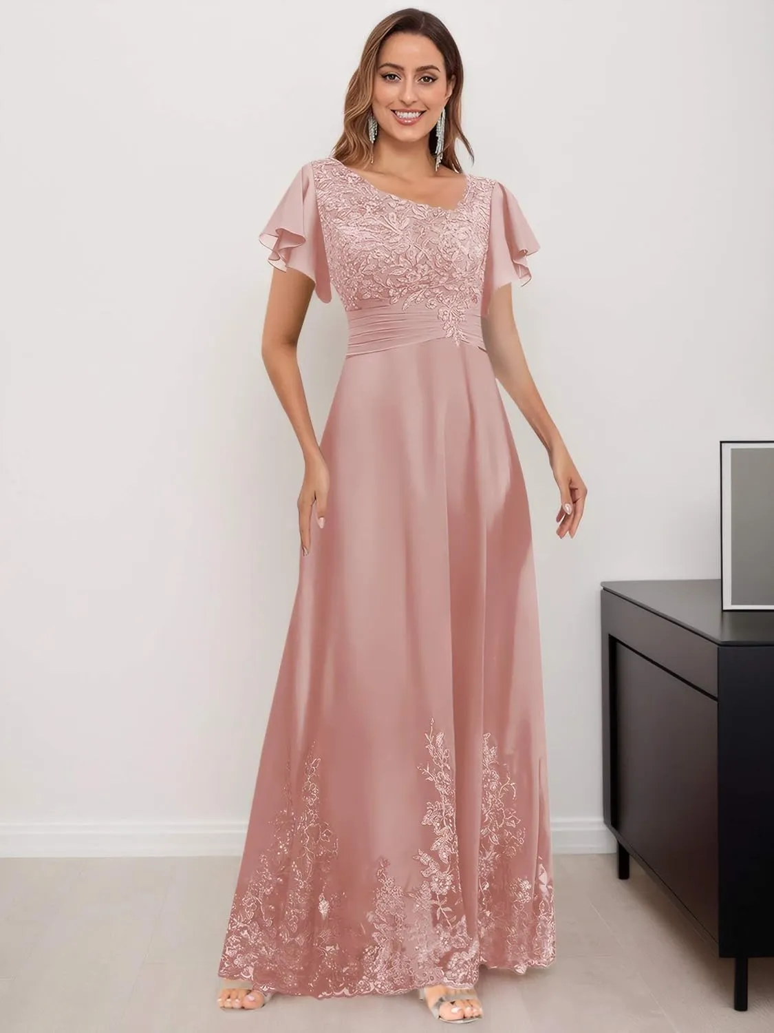 V Neck Mother of The Bride Dresses for Wedding with Sleeves Lace Long Formal Evening Gowns