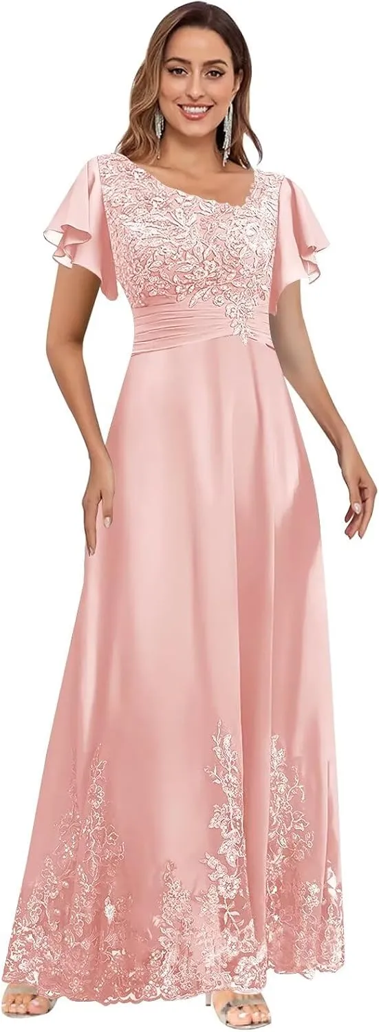 V Neck Mother of The Bride Dresses for Wedding with Sleeves Lace Long Formal Evening Gowns