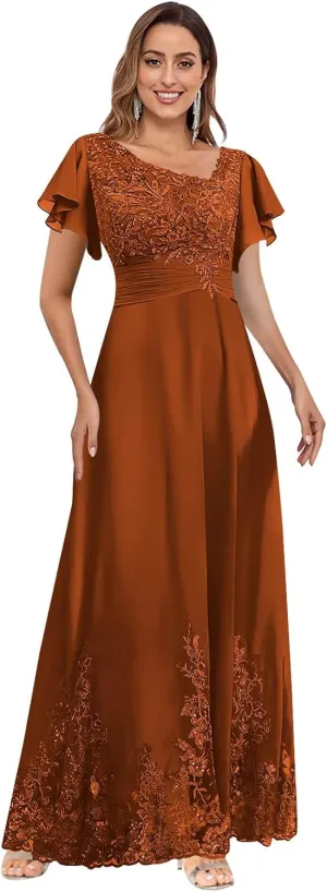 V Neck Mother of The Bride Dresses for Wedding with Sleeves Lace Long Formal Evening Gowns