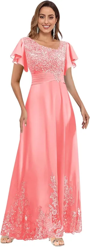 V Neck Mother of The Bride Dresses for Wedding with Sleeves Lace Long Formal Evening Gowns