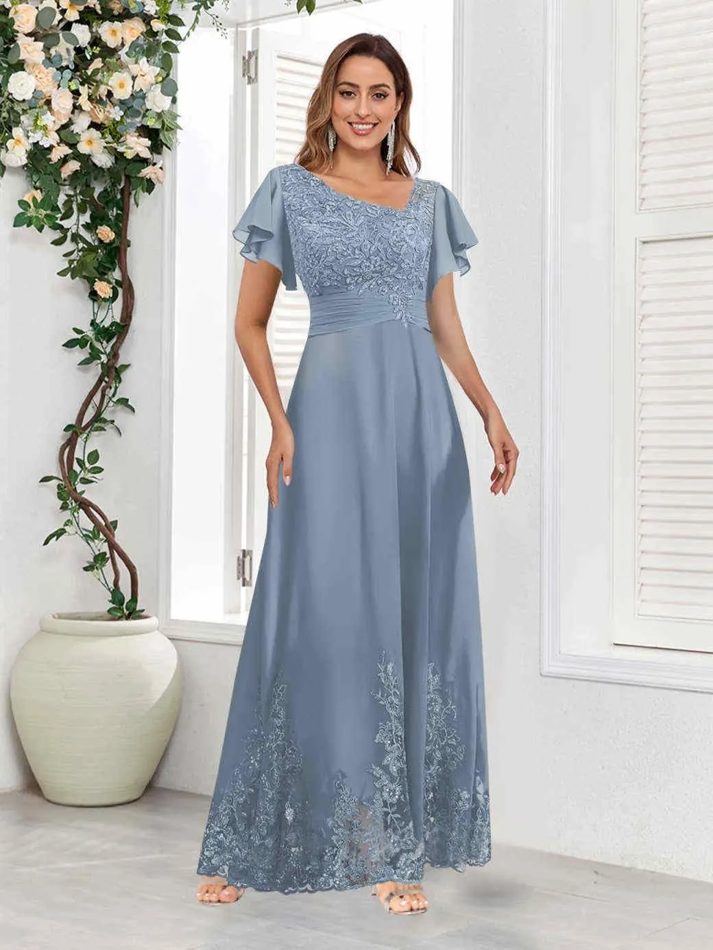 V Neck Mother of The Bride Dresses for Wedding with Sleeves Lace Long Formal Evening Gowns