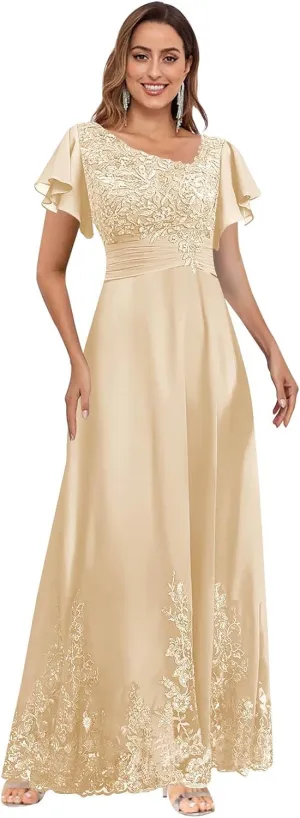 V Neck Mother of The Bride Dresses for Wedding with Sleeves Lace Long Formal Evening Gowns