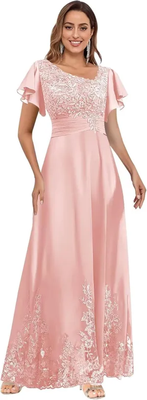 V Neck Mother of The Bride Dresses for Wedding with Sleeves Lace Long Formal Evening Gowns