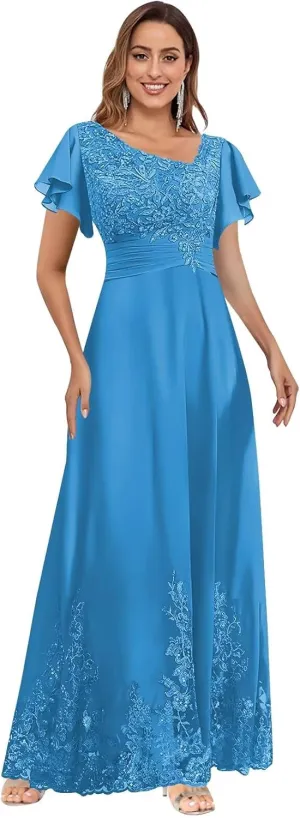 V Neck Mother of The Bride Dresses for Wedding with Sleeves Lace Long Formal Evening Gowns