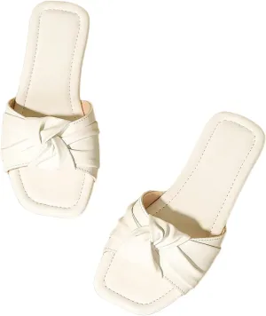 Verdusa Girl's Twist Front Slip on Slippers Y2k Ruched PU Leather Open Toe Flat Sandals White 5