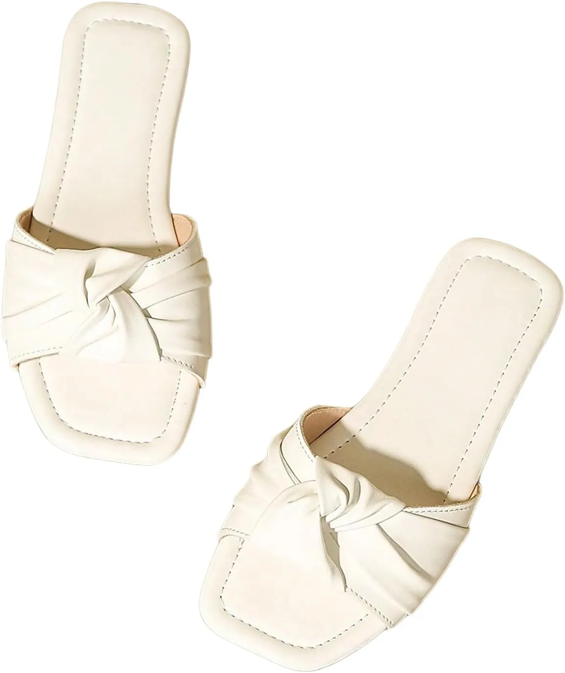 Verdusa Girl's Twist Front Slip on Slippers Y2k Ruched PU Leather Open Toe Flat Sandals White 5
