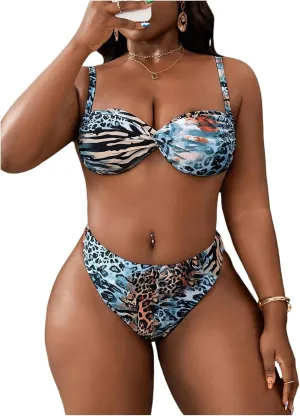 Verdusa Women's Plus Size 2 Piece Cheeky Leopard Bikini Set Twist Tie Back Swimsuit