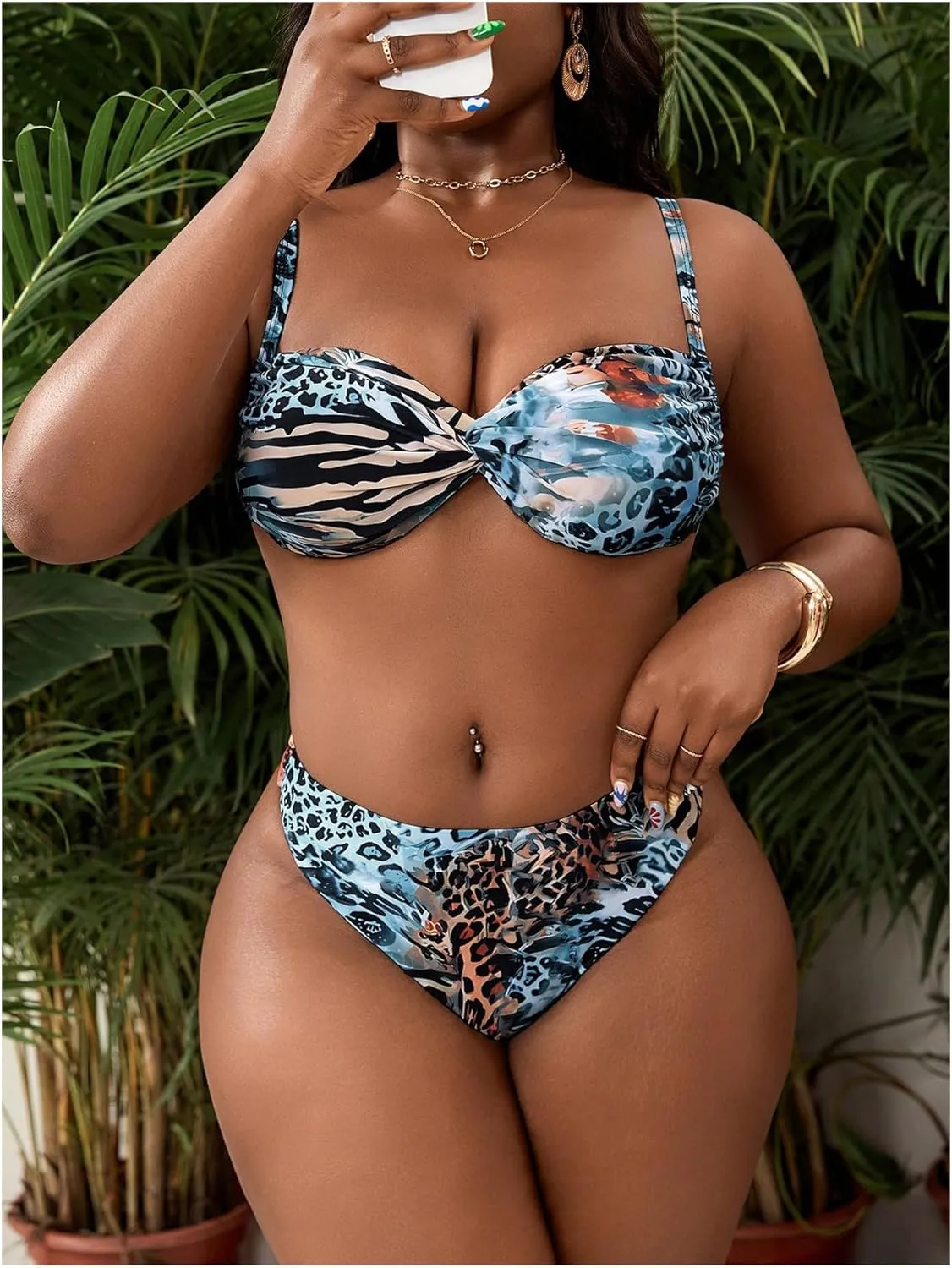 Verdusa Women's Plus Size 2 Piece Cheeky Leopard Bikini Set Twist Tie Back Swimsuit
