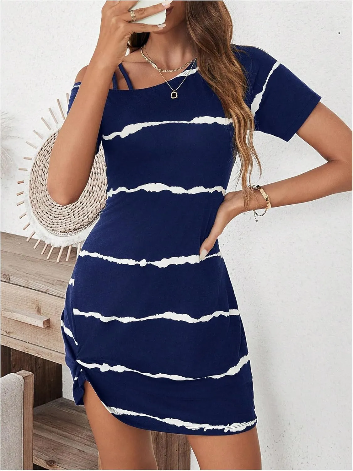 Verdusa Women's Striped Off The Shoulder Short Dress Short Sleeve Twist Mini Summer Dress