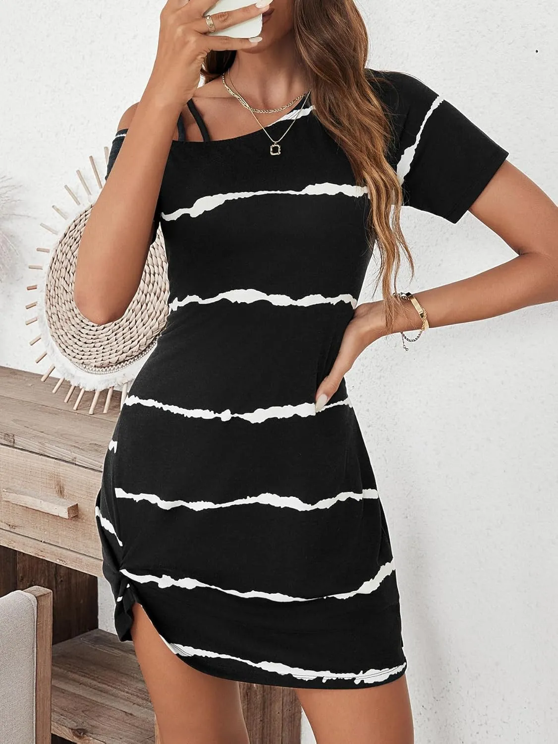 Verdusa Women's Striped Off The Shoulder Short Dress Short Sleeve Twist Mini Summer Dress