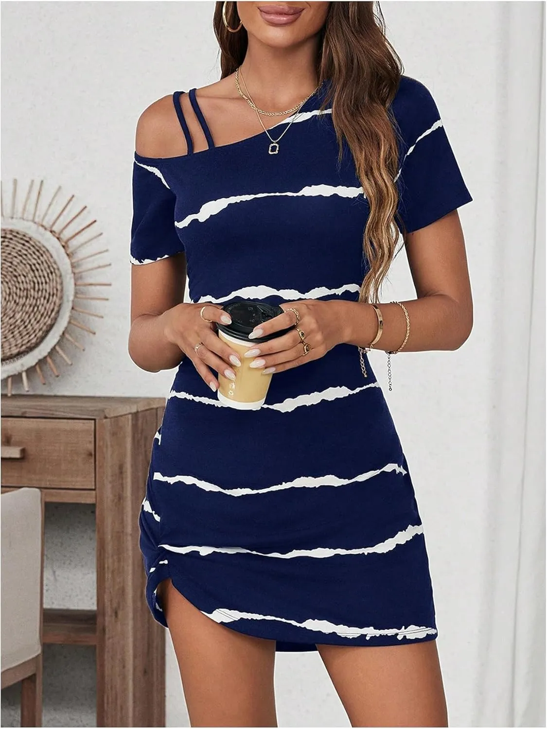 Verdusa Women's Striped Off The Shoulder Short Dress Short Sleeve Twist Mini Summer Dress