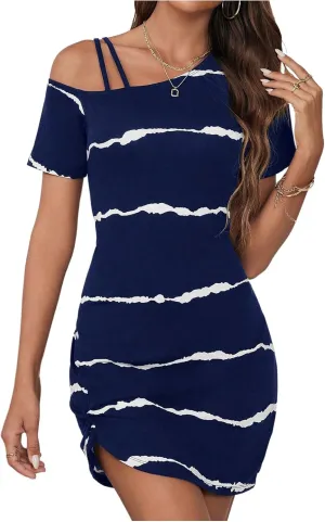 Verdusa Women's Striped Off The Shoulder Short Dress Short Sleeve Twist Mini Summer Dress