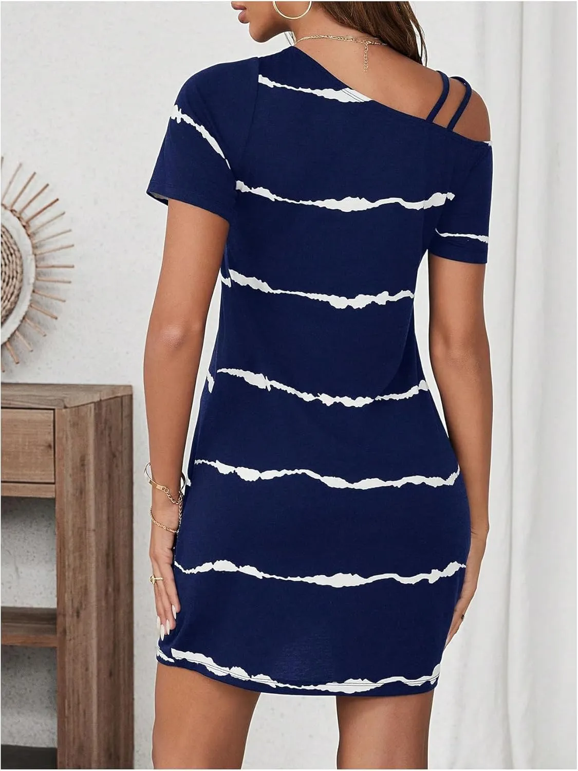 Verdusa Women's Striped Off The Shoulder Short Dress Short Sleeve Twist Mini Summer Dress