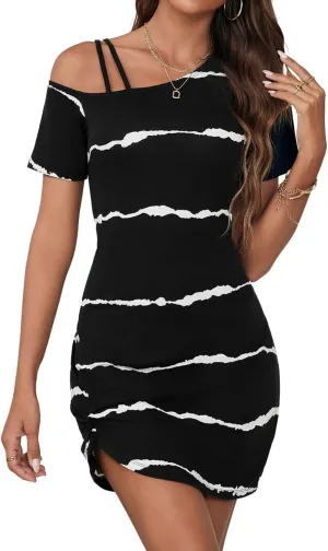 Verdusa Women's Striped Off The Shoulder Short Dress Short Sleeve Twist Mini Summer Dress