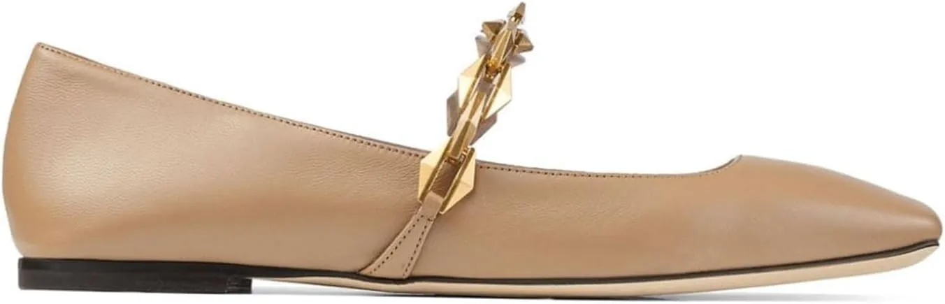 Vertundy Women's Ballet Flats Square Toe Mary Jane Slip On Ballerina Flats for Women Loafers Chain Link Design Leather Dressy Flats Shoes