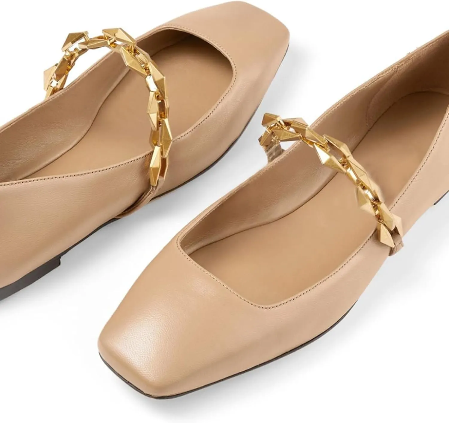Vertundy Women's Ballet Flats Square Toe Mary Jane Slip On Ballerina Flats for Women Loafers Chain Link Design Leather Dressy Flats Shoes
