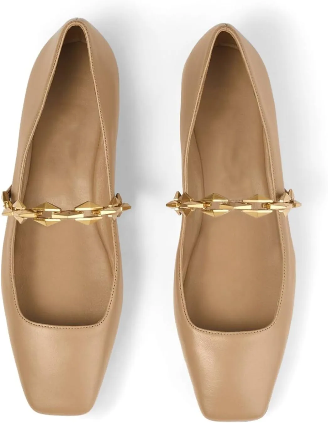 Vertundy Women's Ballet Flats Square Toe Mary Jane Slip On Ballerina Flats for Women Loafers Chain Link Design Leather Dressy Flats Shoes