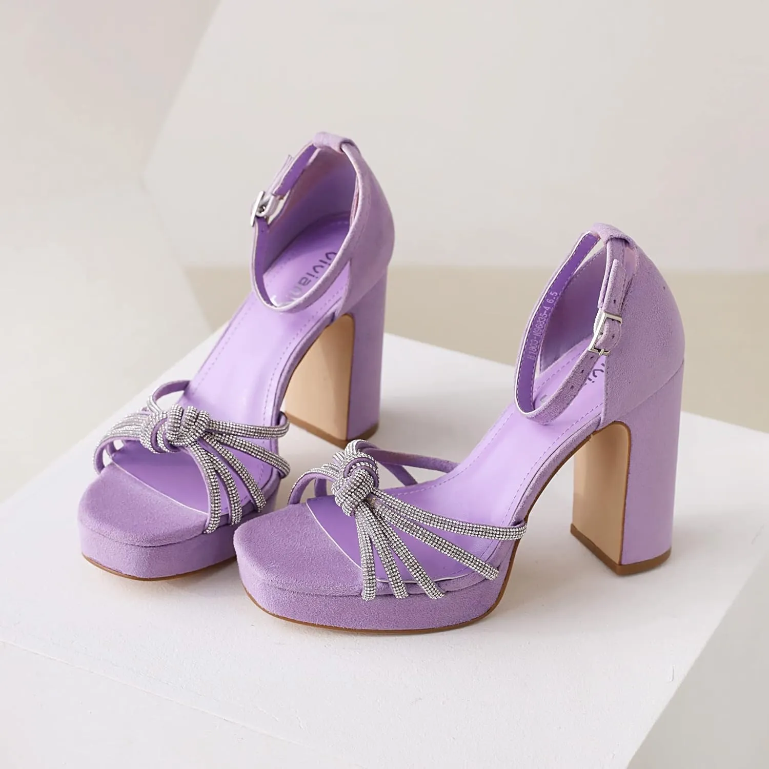 vivianly Women's Rhinestone Platform Chunky Heels Square Toe Suede High Heeled Sandals Ankle Strap Adjustable Buckle Pumps