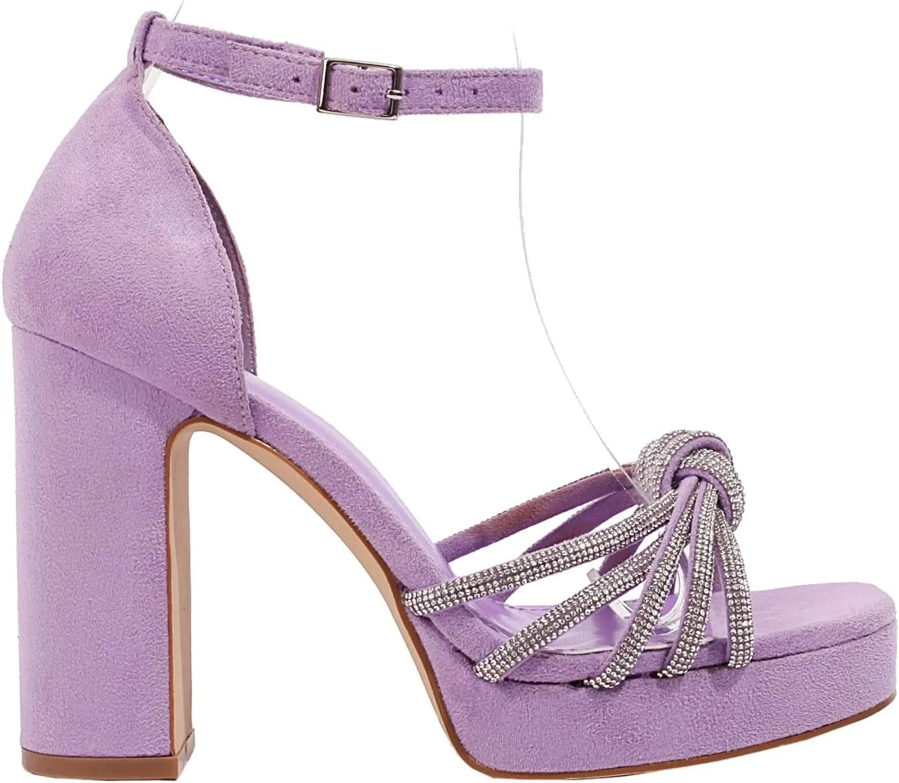 vivianly Women's Rhinestone Platform Chunky Heels Square Toe Suede High Heeled Sandals Ankle Strap Adjustable Buckle Pumps
