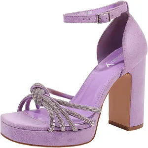vivianly Women's Rhinestone Platform Chunky Heels Square Toe Suede High Heeled Sandals Ankle Strap Adjustable Buckle Pumps