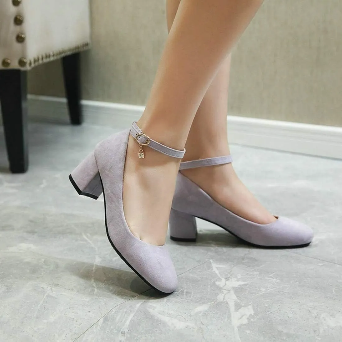 VOKLIN Women's Retro Square Toe Mary Jane Pumps Suede Ankle Strap Chunky Block Mid Heel Office Dress Shoes