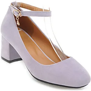 VOKLIN Women's Retro Square Toe Mary Jane Pumps Suede Ankle Strap Chunky Block Mid Heel Office Dress Shoes