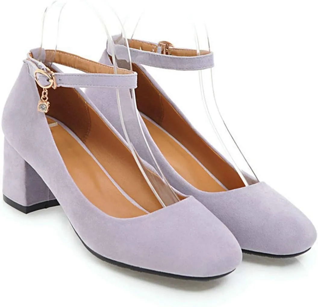 VOKLIN Women's Retro Square Toe Mary Jane Pumps Suede Ankle Strap Chunky Block Mid Heel Office Dress Shoes
