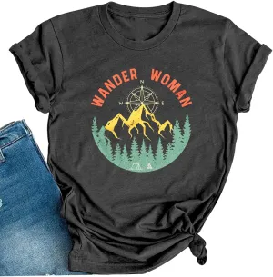 Wander Women Mountain Camping T-Shirt Summer Camping Hiking Vacation Shirts Teen Girls Funny Forest Camper Tees Tops