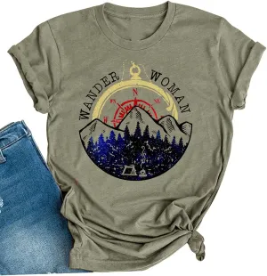 Wander Women Mountain Camping T-Shirt Summer Camping Hiking Vacation Shirts Teen Girls Funny Forest Camper Tees Tops