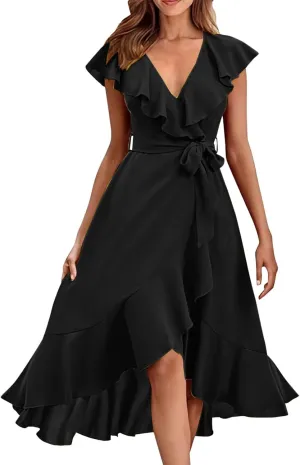 Wedding Guest Dresses for Women 2025 Gowns Evening Party Cocktail Dress Long Split Elegant V Neck Wrap Ruffle Guest Dresses