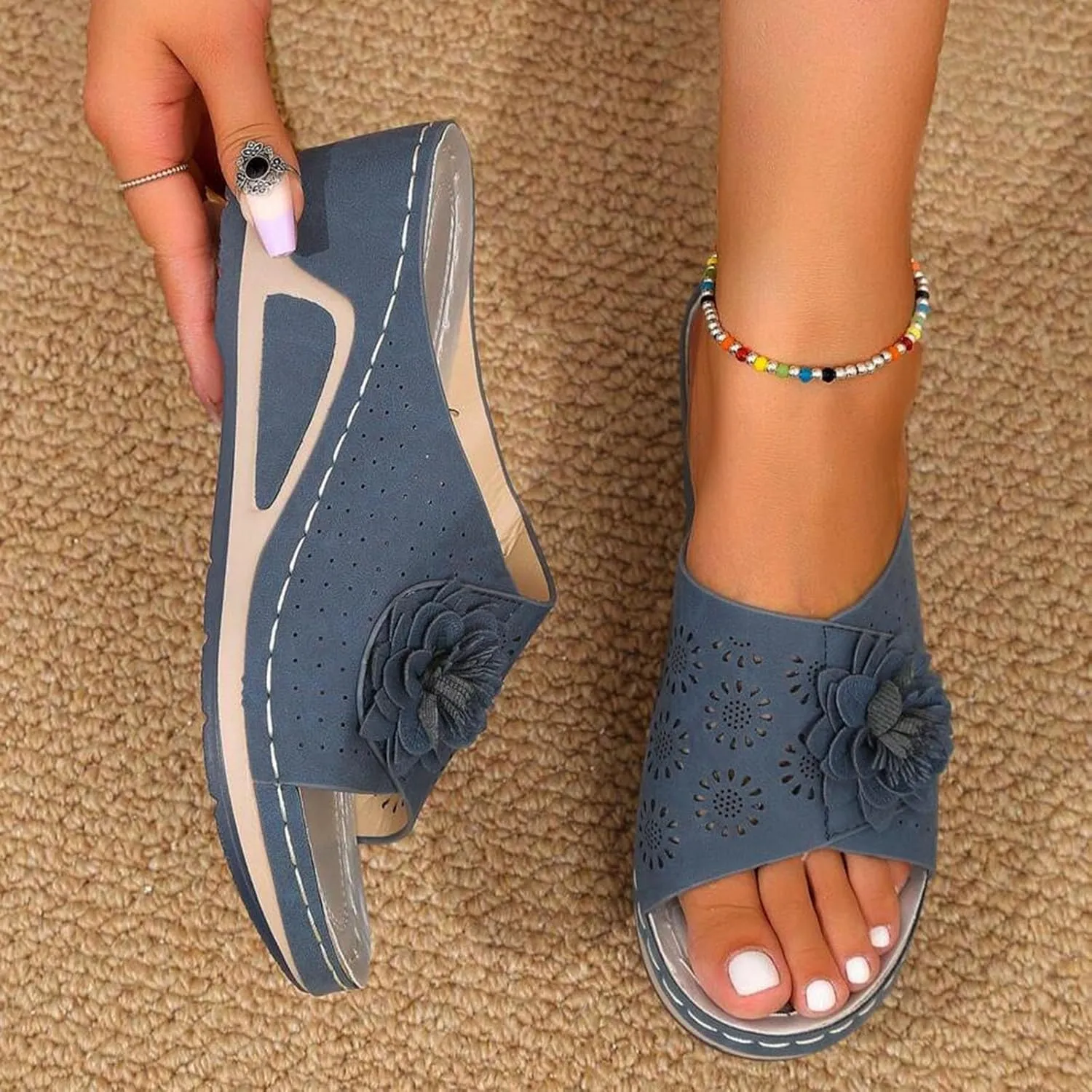 Wedge Sandals for Women Dressy Orthopedic Arch Support Sandals Hollow Out Slip On Platform Slippers Bohemia Comfortable Summer Sandalias Open Toe Beach Sandal Casual Walking Shoes