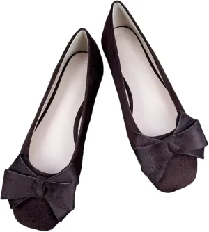 WENJIAZHIZHI Square Toe Bow Flats for Women Solid Color Low-Heel Slip-ons Cozy Soft Office Lady Dress Shoes