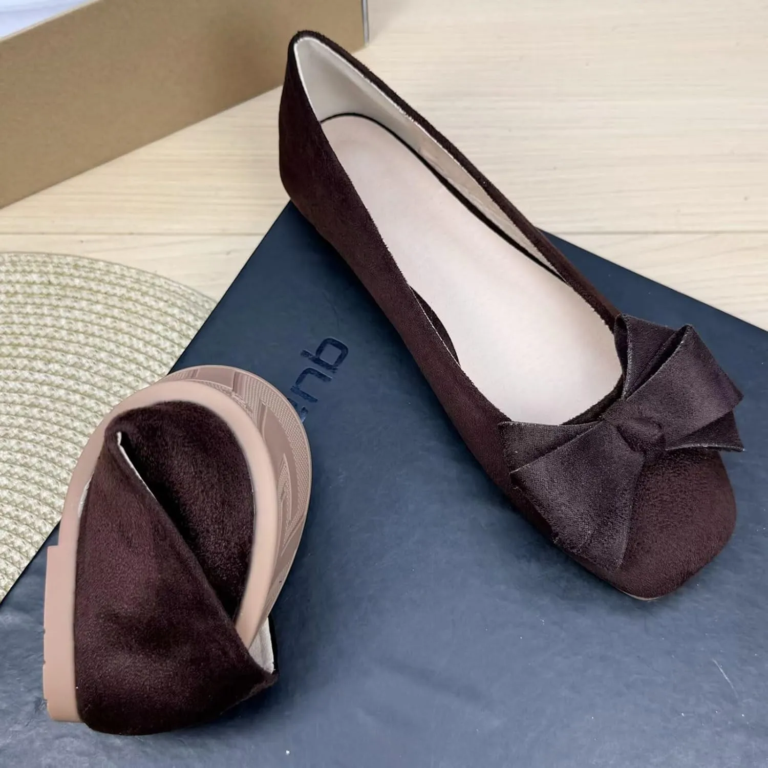 WENJIAZHIZHI Square Toe Bow Flats for Women Solid Color Low-Heel Slip-ons Cozy Soft Office Lady Dress Shoes