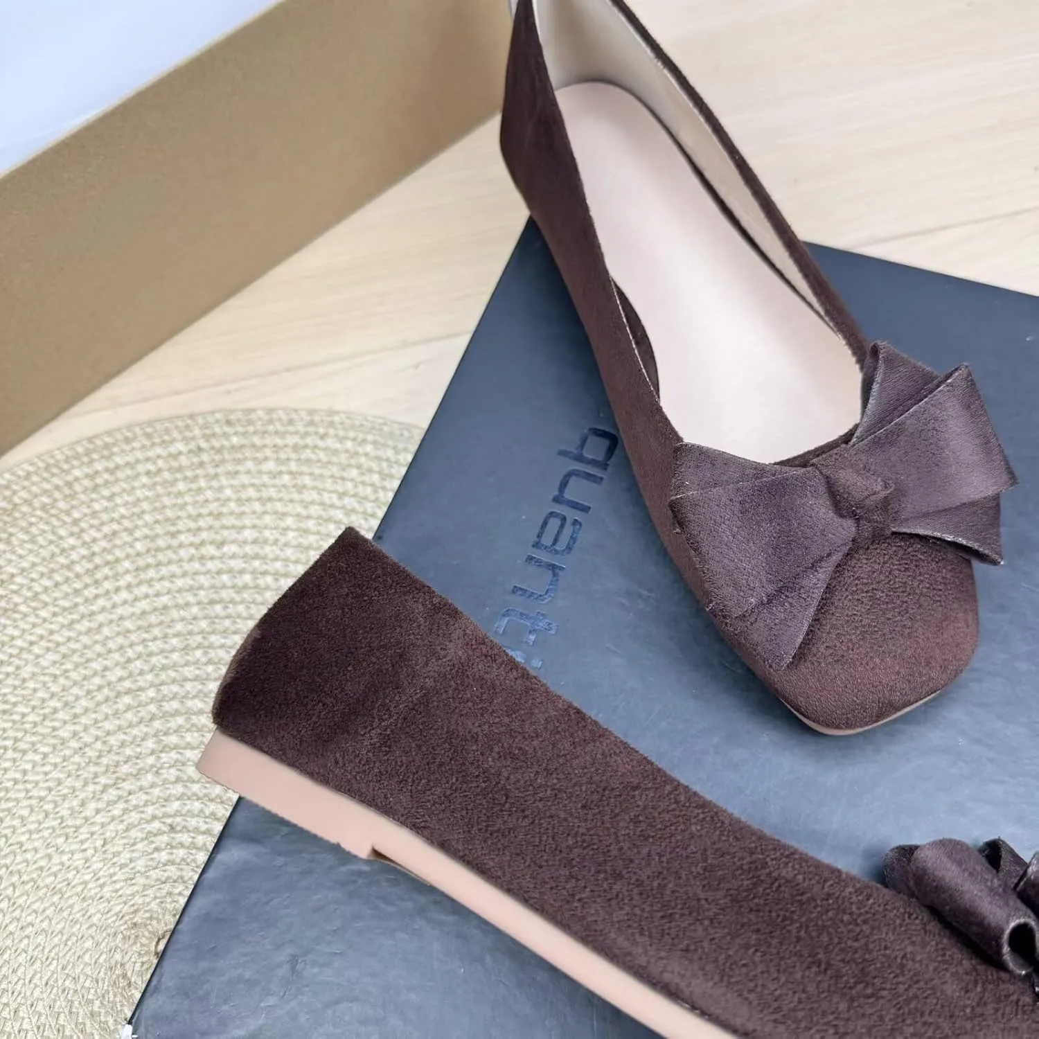 WENJIAZHIZHI Square Toe Bow Flats for Women Solid Color Low-Heel Slip-ons Cozy Soft Office Lady Dress Shoes