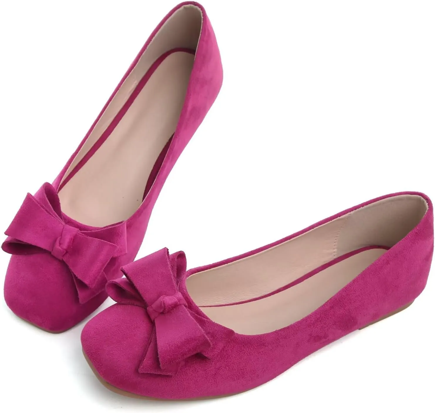 WENJIAZHIZHI Square Toe Bow Flats for Women Solid Color Low-Heel Slip-ons Cozy Soft Office Lady Dress Shoes