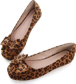 WENJIAZHIZHI Womens Bowtie Square Toe Flats Shoes Slip On Casual Ballet Comfortable Walking Flats Dress Shoes for Women Leopard Brown Size 8.5