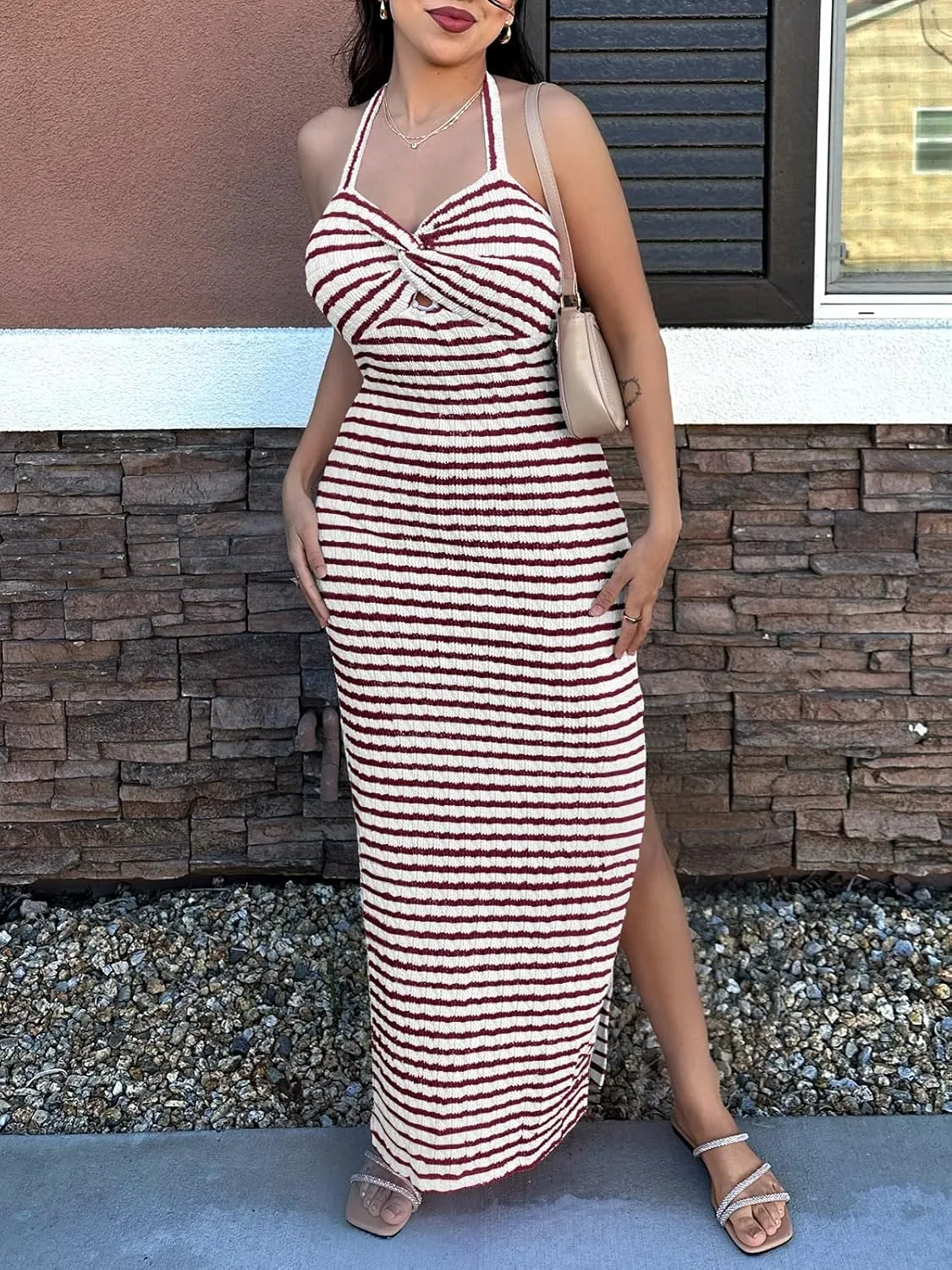 Wenrine Womens Summer Striped Halter Neck Dress Sexy Twist Front Cut Out High Split Casual Sleeveless Maxi Dress