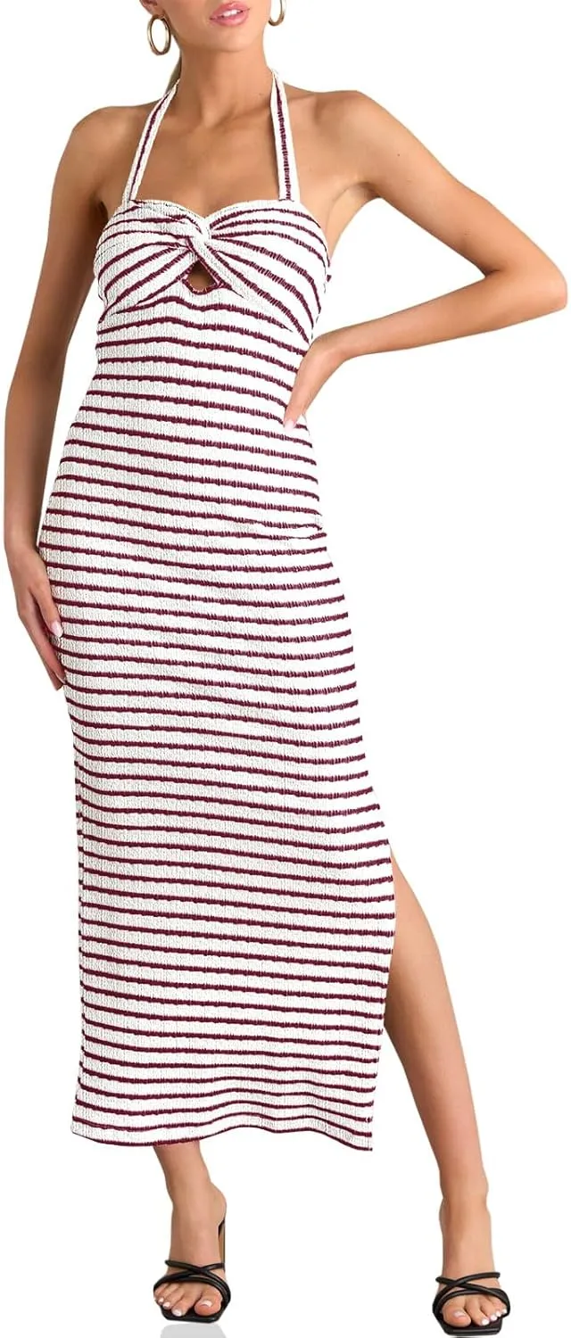 Wenrine Womens Summer Striped Halter Neck Dress Sexy Twist Front Cut Out High Split Casual Sleeveless Maxi Dress
