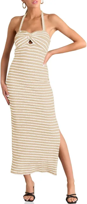 Wenrine Womens Summer Striped Halter Neck Dress Sexy Twist Front Cut Out High Split Casual Sleeveless Maxi Dress