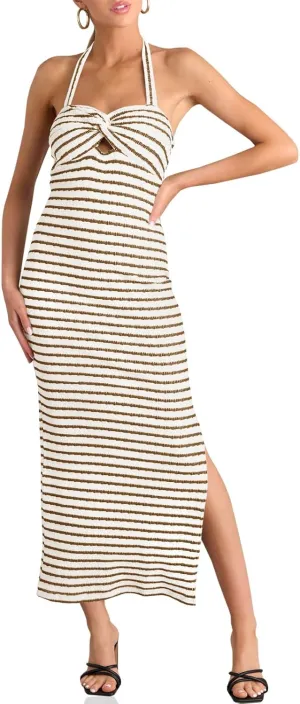 Wenrine Womens Summer Striped Halter Neck Dress Sexy Twist Front Cut Out High Split Casual Sleeveless Maxi Dress