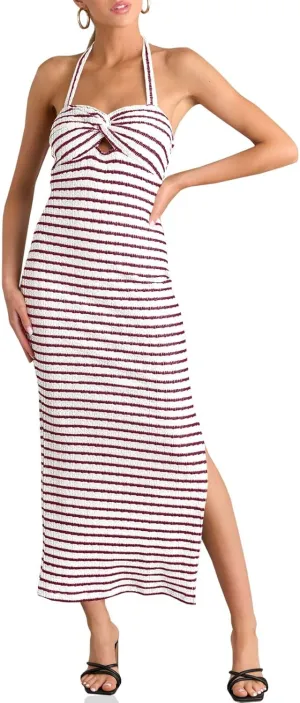 Wenrine Womens Summer Striped Halter Neck Dress Sexy Twist Front Cut Out High Split Casual Sleeveless Maxi Dress