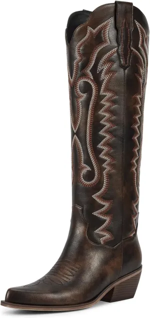 wetkiss Cowboy Boots for Women Knee High Cowgirl Boots, Western Boots with Floral Embroidered Pointed Toe Chunky Heel Pull On Retro Vintage Classic Tall Boots for Ladies