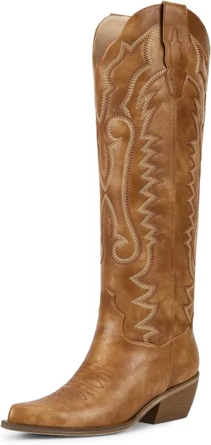wetkiss Embroidery Cowboy Boots for Women with Zipper Pointed Toe Chunky Low Heel Cowgirl Boots, Knee High Western Boots Retro Vintage Classic Tall Boots for Ladies
